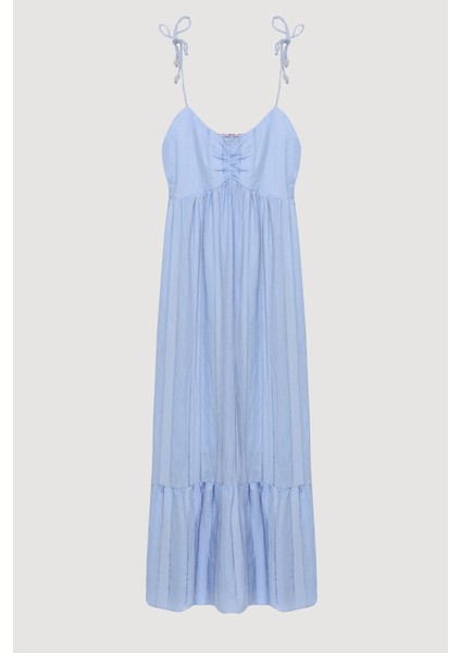 Ince Çizgili Boncuk Askılı Uzun Elbise Mavi