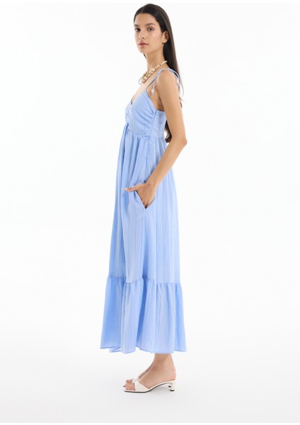 Ince Çizgili Boncuk Askılı Uzun Elbise Mavi