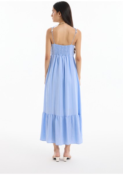 Ince Çizgili Boncuk Askılı Uzun Elbise Mavi