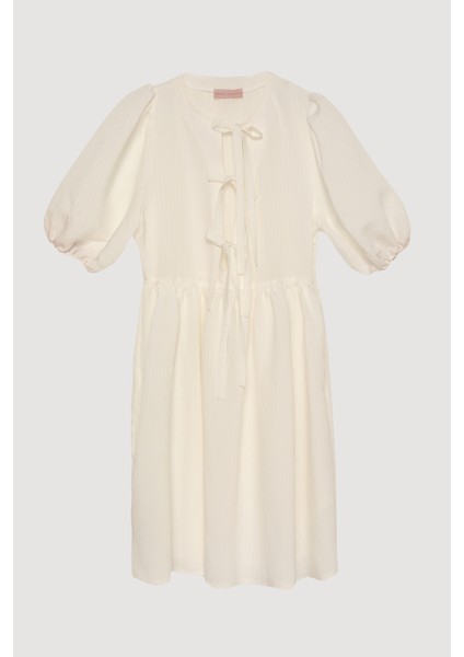 Balon Kol Fiyonk Bağlamalı Mini Elbise Ekru