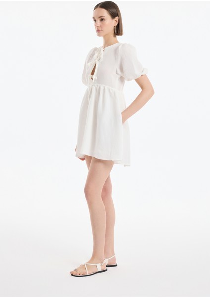 Balon Kol Fiyonk Bağlamalı Mini Elbise Ekru