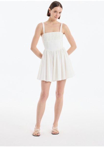 Kalın Askılı Pileli Mini Elbise Ekru