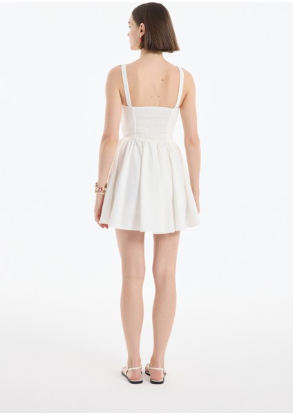 Kalın Askılı Pileli Mini Elbise Ekru