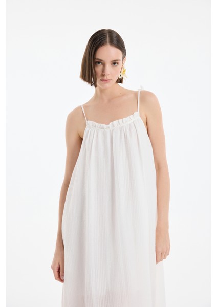 Bağlama Ip Askılı Gofre Uzun Elbise Ekru