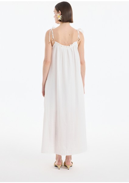 Bağlama Ip Askılı Gofre Uzun Elbise Ekru