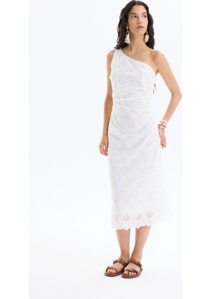 Fisto Detaylı Tek Omuz Midi Elbise Beyaz