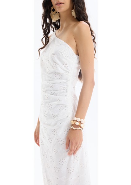 Fisto Detaylı Tek Omuz Midi Elbise Beyaz