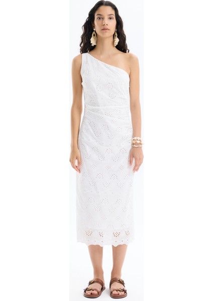 Fisto Detaylı Tek Omuz Midi Elbise Beyaz