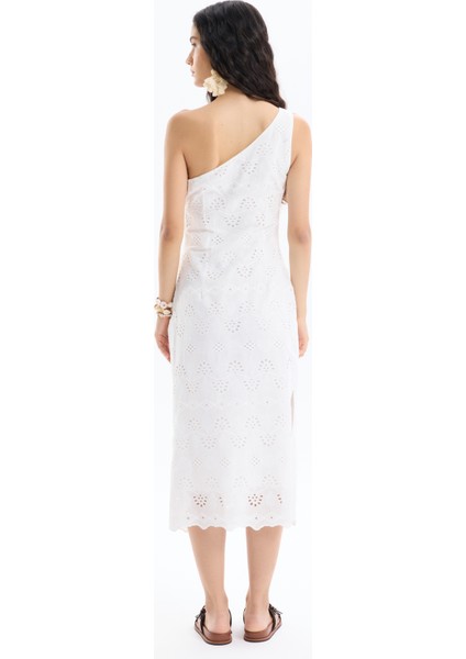 Fisto Detaylı Tek Omuz Midi Elbise Beyaz