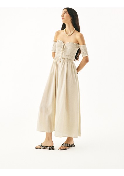 Kuş Gözü Bağlamalı Düşük Omuz Elbise Bej