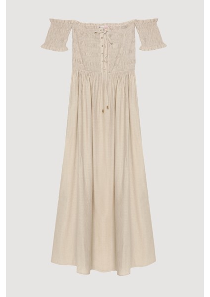 Kuş Gözü Bağlamalı Düşük Omuz Elbise Bej