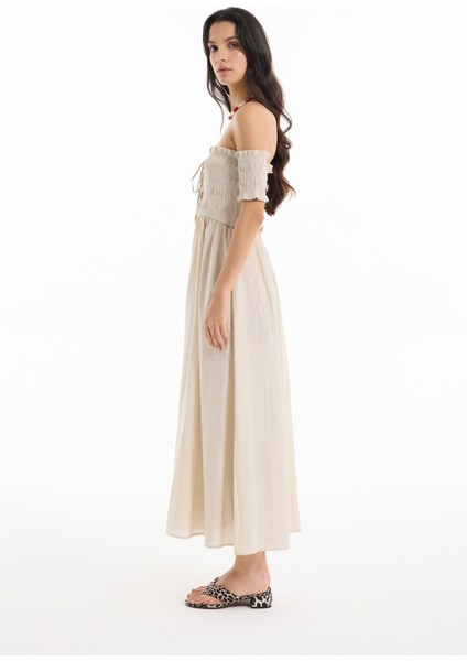 Kuş Gözü Bağlamalı Düşük Omuz Elbise Bej