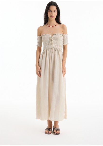 Kuş Gözü Bağlamalı Düşük Omuz Elbise Bej