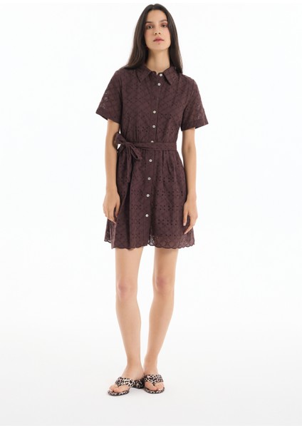 Fisto Detaylı Bağlamalı Mini Elbise Kahverengi