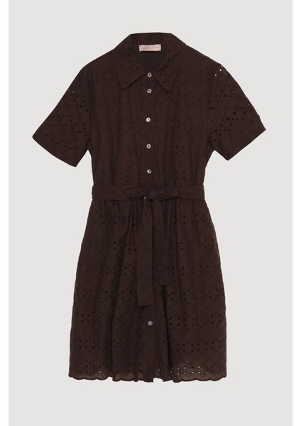 Fisto Detaylı Bağlamalı Mini Elbise Kahverengi