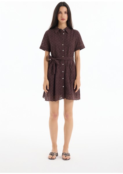 Fisto Detaylı Bağlamalı Mini Elbise Kahverengi