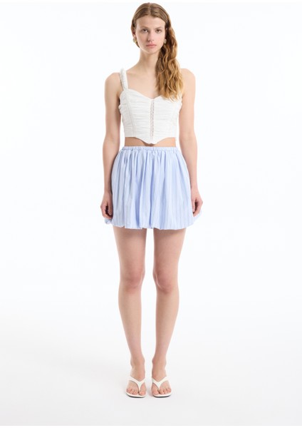 İnce Çizgili Balon Mini Etek Mavi