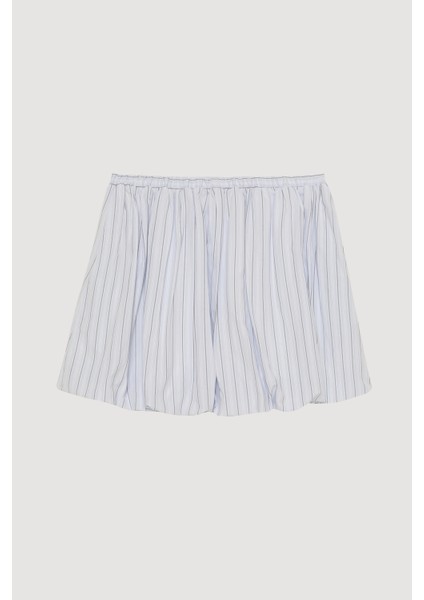 İnce Çizgili Balon Mini Etek Mavi