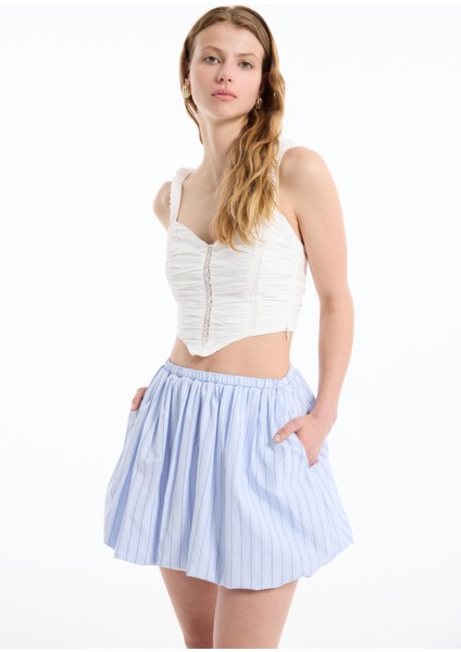 İnce Çizgili Balon Mini Etek Mavi
