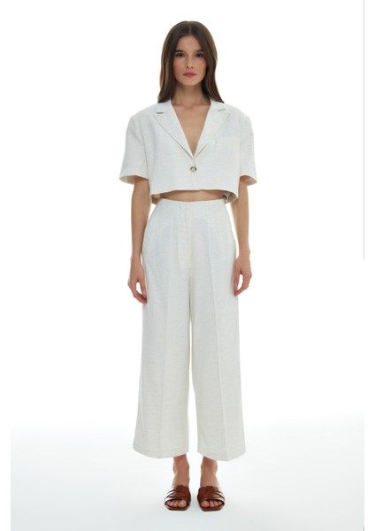 Keten Crop Blazer Ceket Kemik