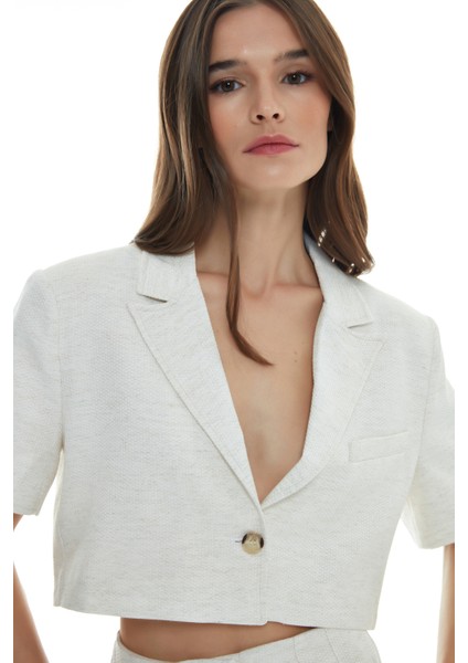Keten Crop Blazer Ceket Kemik
