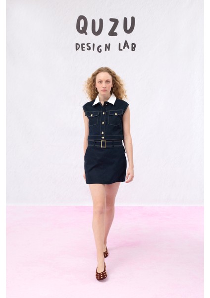 Kemer Aksesuarlı Mini Etek Lacivert