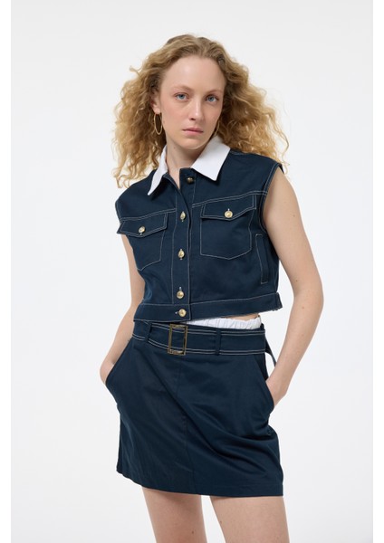 Kemer Aksesuarlı Mini Etek Lacivert