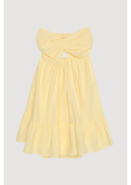 Önü Düğüm Detaylı Sırt Dekolteli Straplez Mini Elbise Sarı