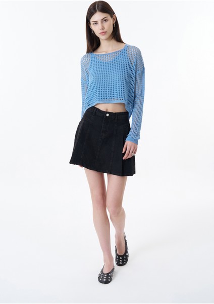 Pile Detaylı Mini Kot Etek Antrasit