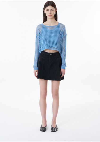 Pile Detaylı Mini Kot Etek Antrasit