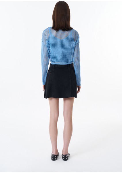 Pile Detaylı Mini Kot Etek Antrasit