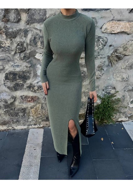 Yırtmaçlı Kalın Bürümcük Uzun Elbise Yeşil indirimleri