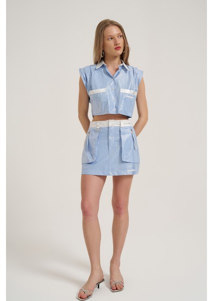 Parlak Çizgi Detaylı Etek Mavi