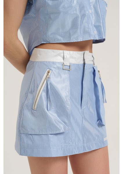Parlak Çizgi Detaylı Etek Mavi