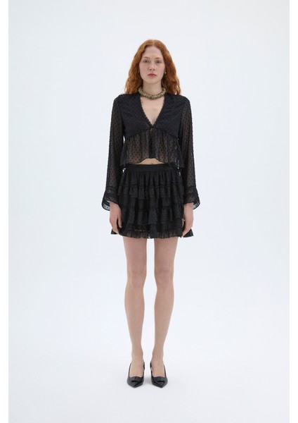 Kat Kat Volanlı Dantel Etek Siyah