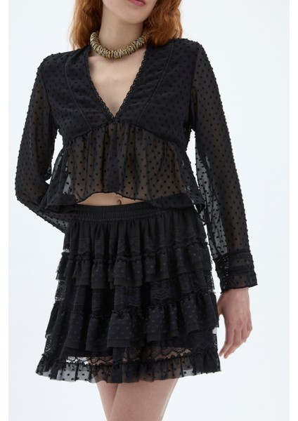Kat Kat Volanlı Dantel Etek Siyah