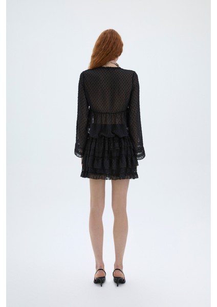 Kat Kat Volanlı Dantel Etek Siyah