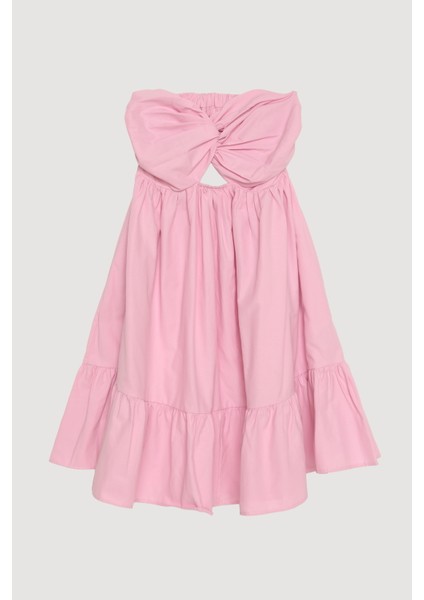 Önü Düğüm Detaylı Sırt Dekolteli Straplez Mini Elbise Pembe