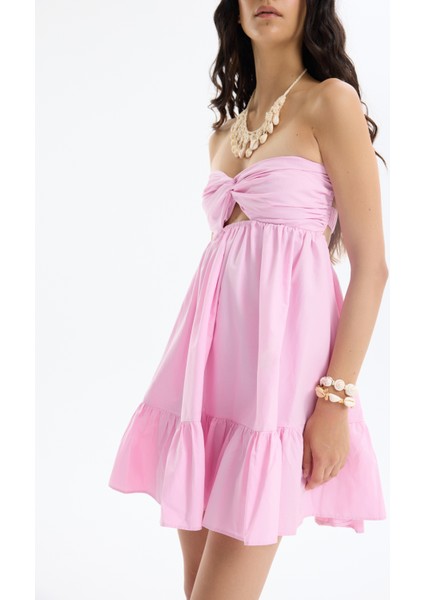 Önü Düğüm Detaylı Sırt Dekolteli Straplez Mini Elbise Pembe