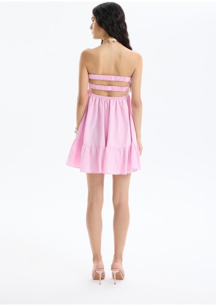 Önü Düğüm Detaylı Sırt Dekolteli Straplez Mini Elbise Pembe