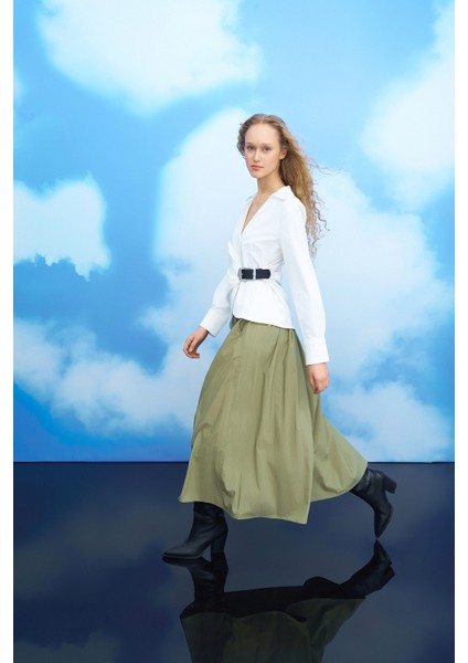 Pile Detaylı Teknik Kumaş Midi Etek Açık Haki