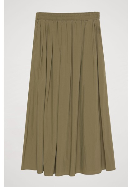 Pile Detaylı Teknik Kumaş Midi Etek Açık Haki