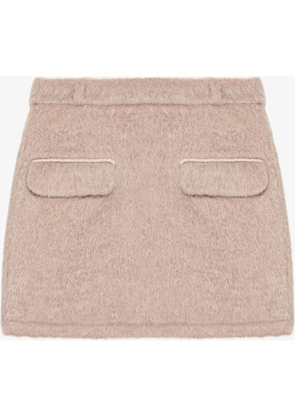 Cep Detaylı Tüylü Mini Etek Bej modelleri