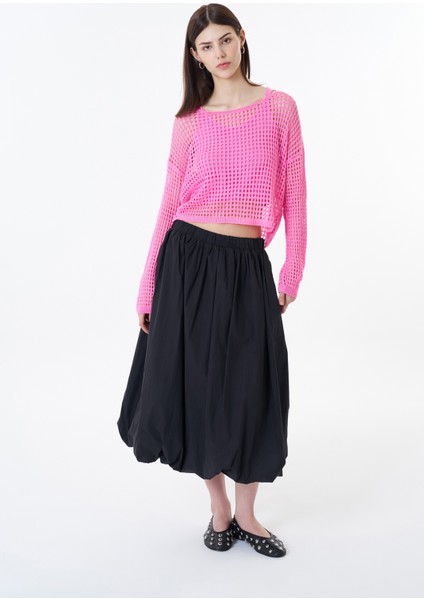 Pile Detaylı Midi Balon Etek Siyah