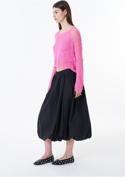 Pile Detaylı Midi Balon Etek Siyah