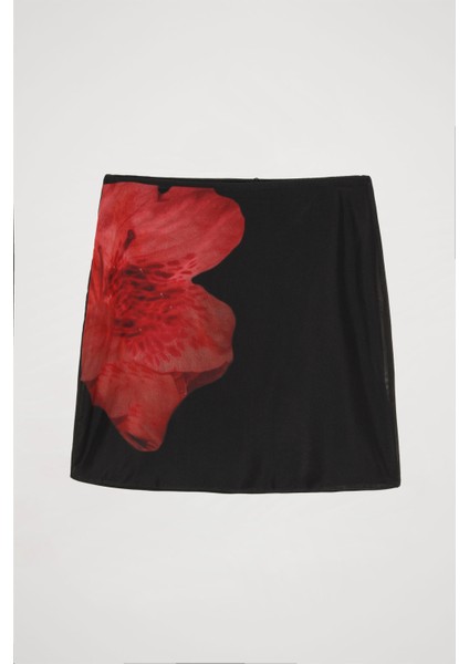 Büyük Gül Desenli Mini Etek Siyah