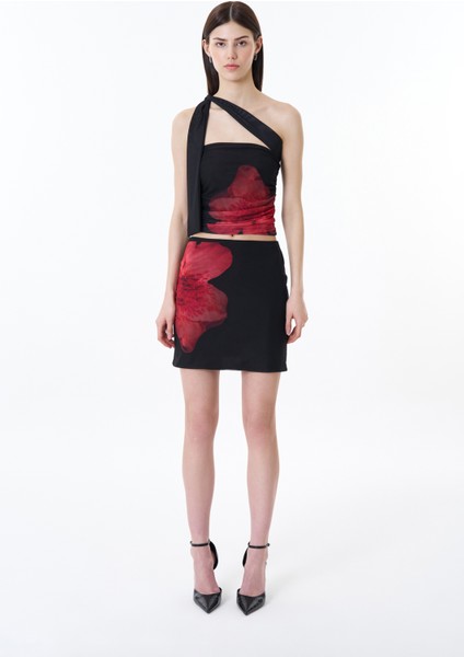 Büyük Gül Desenli Mini Etek Siyah