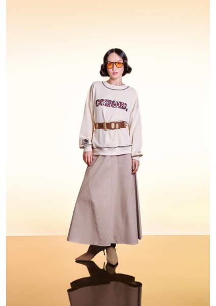 Beli Lastikli Pileli Basic Midi Etek Bej