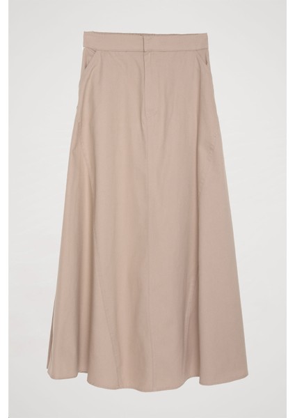 Beli Lastikli Pileli Basic Midi Etek Bej