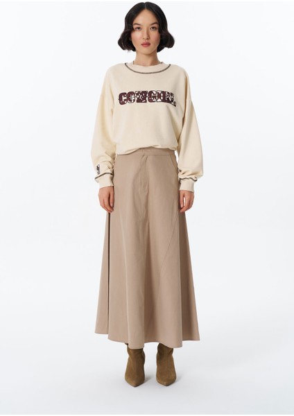 Beli Lastikli Pileli Basic Midi Etek Bej